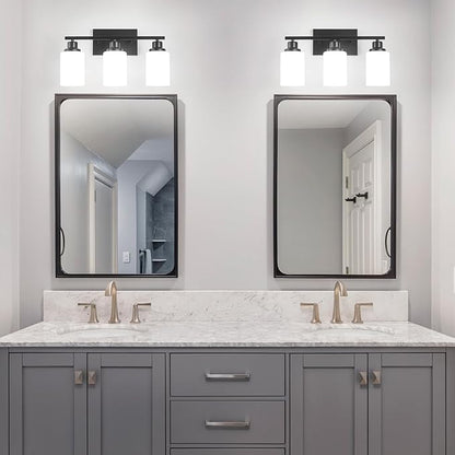 3-Light Black Bathroom Light Fixture Over Mirror,Modern Farmhouse Vanity Light,Wall Sconces with Milky White Glass Shade for Bathroom,Bedroom, Living Room,Staircase,Hallway E26