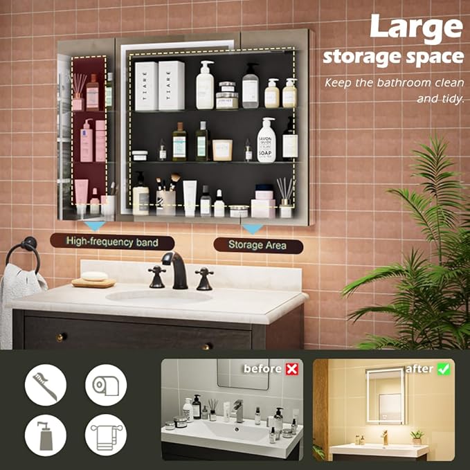 LED Lighted Bathroom Medicine Mirror Cabinet with Sockets & USBs, Anti-Fog Dimmable Light and Color Adjustment, Easy to Install Aluminum Cabinet (40 * 28 Three-Door)