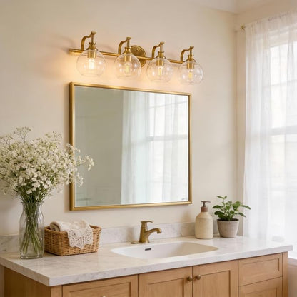 Brass Vanity Light, Gold Bathroom Light Fixtures 4 Lights, 27.8 Inch Vintage Bathroom Sconces, Brushed Brass Vanity Lighting with Globe Clear Glass Shade, E26 Base (Bulbs Not Included)