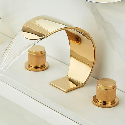 Bathroom Basin Mixer Faucet 3 Hole Waterfall 3 Hole Basin Faucets Brass-Gold