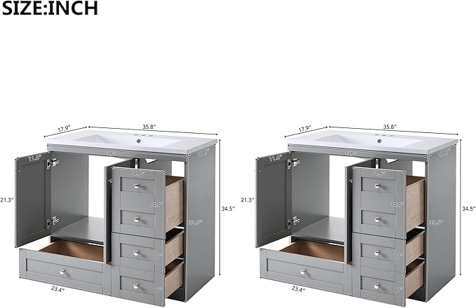 Harper & Bright Designs 72" Bathroom Vanity Set with Double Sink, Vanity Cabinet with 4 Cabinet Doors and 8 Drawers, Solid Wood Bathroom Cabinet with Ceramic Basin for Bathroom, Grey