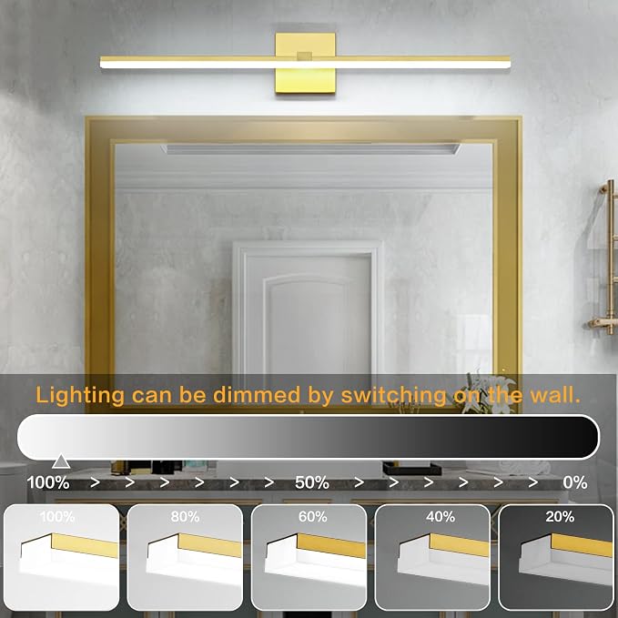40 Inch LED Vanity Light Gold Bathroom Lighting Fixtures Dimmable Modern Bathroom Lights Over Mirror 6000K Cool White