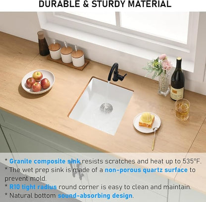 White Bar Sink Undermount, 13 x 13 Inch Granite Quartz | Small Kitchen Sink Granite Quartz Wet Bar Single Bowl Deep Basin and Mini Squeegee Combo