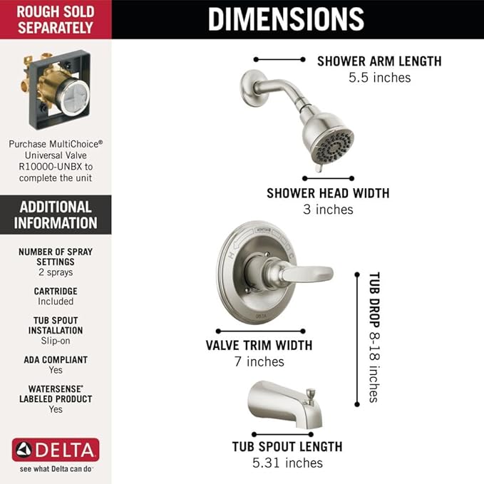 Delta Faucet Foundations Chrome Shower Faucet Set with 2-Spray Chrome Shower Head, Tub and Shower Trim Kit, Shower Faucet Sets Complete, Chrome BT1341 (Valve Not Included)