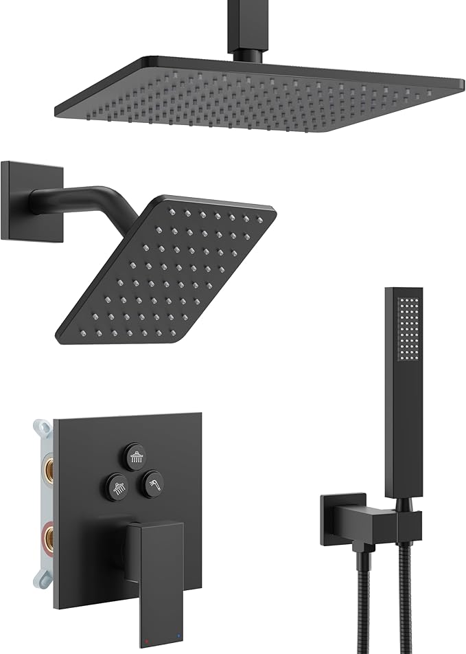 Black Shower System, Matte Black Shower Faucet Set with 3 In 1 Push Button Shower Diverter Valve, 10'' Ceiling Shower Head and 6'' Wall Mounted Shower Head, Black Rain Shower Head with Handheld Spray