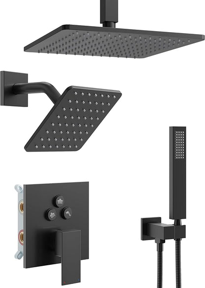 Black Shower System, Matte Black Shower Faucet Set with 3 In 1 Push Button Shower Diverter Valve, 10'' Ceiling Shower Head and 6'' Wall Mounted Shower Head, Black Rain Shower Head with Handheld Spray