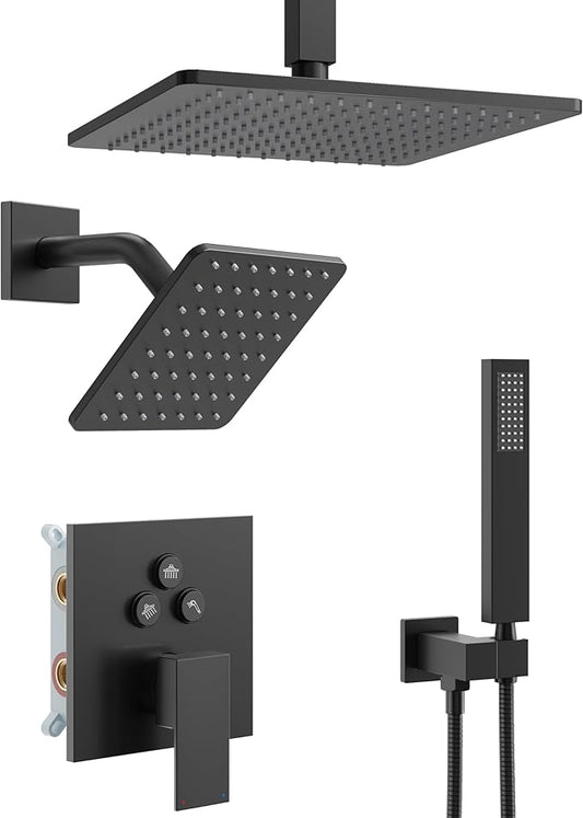 Black Shower System, Matte Black Shower Faucet Set with 3 In 1 Push Button Shower Diverter Valve, 10'' Ceiling Shower Head and 6'' Wall Mounted Shower Head, Black Rain Shower Head with Handheld Spray
