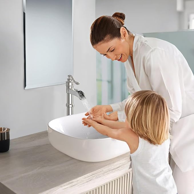 Polished Chrome Vessel Sink Faucet Brass Tall Waterfall Bathroom Faucet | Bathroom Sink Faucets Single Handle with Pop Up Drain Without Overflow and Supply Hoses Mixer Tap Deck Mount by BATHLAVISH
