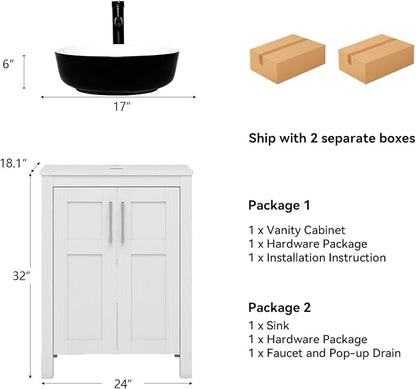 YOURLITE Bathroom Vanity with Sink, 24" White Bathroom Vanity Sink Combo with Black White Ceramic Basin Faucet & Pop Up Drain Set
