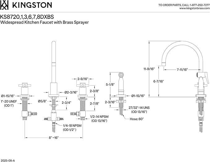 Kingston Brass KS8720DXBS Concord 8-Inch Widespread Kitchen Faucet with Brass Sprayer, Matte Black