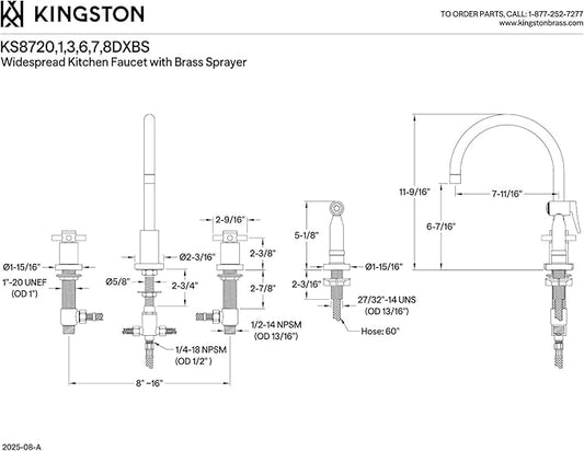 Kingston Brass KS8720DXBS Concord 8-Inch Widespread Kitchen Faucet with Brass Sprayer, Matte Black