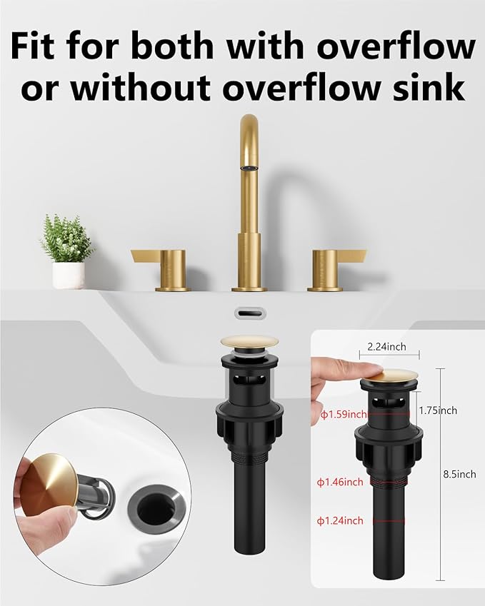 Bathroom Sink Faucet 3 Hole 8 Inch Widespread 2-Handle Vanity Faucet SUS304 Stainless Steel with Pop-Up Drain and Supply Lines Brushed Gold