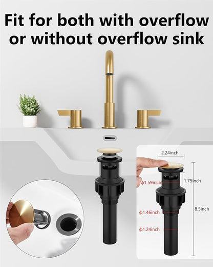 Bathroom Sink Faucet 3 Hole 8 Inch Widespread 2-Handle Vanity Faucet SUS304 Stainless Steel with Pop-Up Drain and Supply Lines Brushed Gold