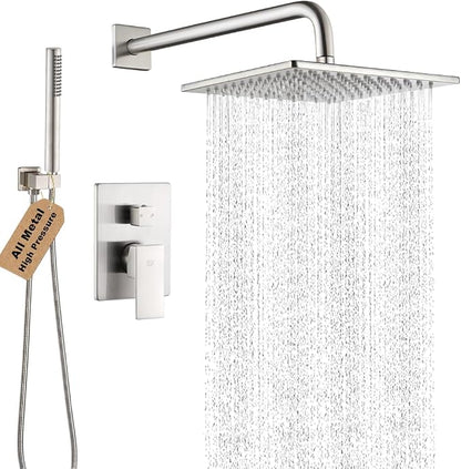 Shower Faucet Set Brushed Nickel Rainfall 10 Inch Shower Head and Handle Set Bathroom Rain Shower System Wall Mounted Shower Fixture Include Shower Valve and Trim Kit