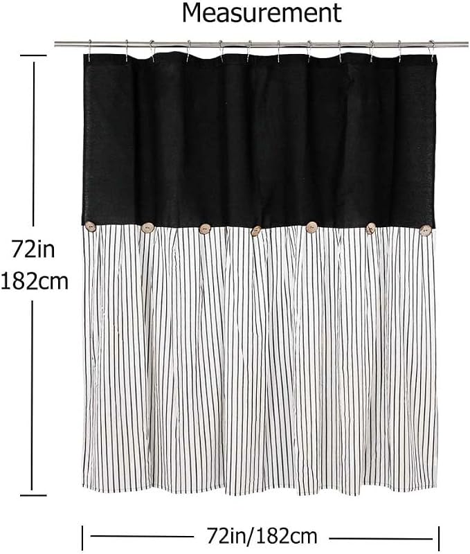 DOSLY IDÉES Farmhouse Black Shower Curtain, Beige and Black Stripe, Button Curtain, Linen and Cotton Woven Fabric, Rustic Charm Country Chic Style, 72x72 in