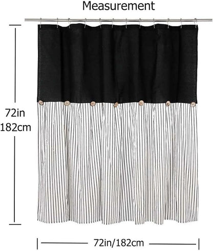 DOSLY IDÉES Farmhouse Black Shower Curtain, Beige and Black Stripe, Button Curtain, Linen and Cotton Woven Fabric, Rustic Charm Country Chic Style, 72x72 in