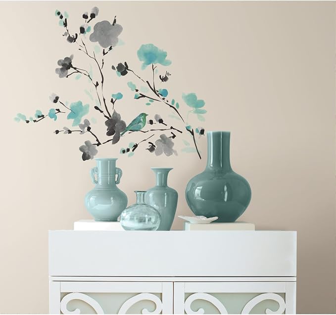 RoomMates Blossom Watercolor Bird Branch Peel and Stick Wall Decals, Multi Color, Vinyl, 33-in x 26.75-in, Made in USA