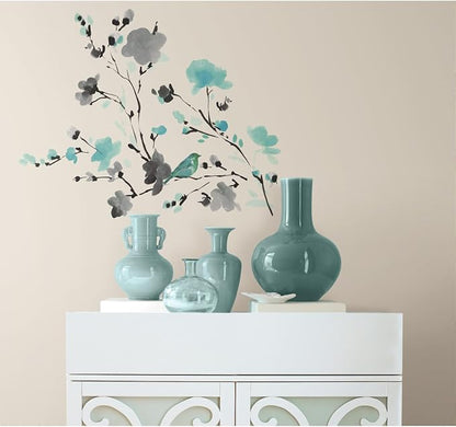 RoomMates Blossom Watercolor Bird Branch Peel and Stick Wall Decals, Multi Color, Vinyl, 33-in x 26.75-in, Made in USA