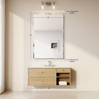 Frameless Bathroom Mirror, 55"x36" Beveled Bathroom Mirror | Wall Mount Mirrors for Vanity Bedroom Entryway Living Room Hangs Horizontally or Vertically