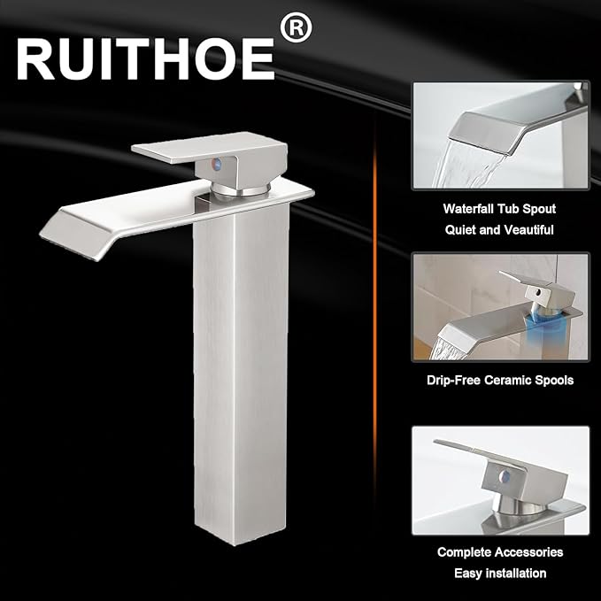 Brushed Nickel Bathroom Vessel Sink Faucet, Waterfall Faucet, Vessel Faucet, Tall Body High 1 Hole Single Handle with Pop Up Drain Combo Vanity Mixer Tap Commercial Basin Bowl Sink Silver