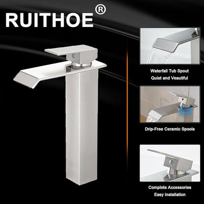 Brushed Nickel Bathroom Vessel Sink Faucet, Waterfall Faucet, Vessel Faucet, Tall Body High 1 Hole Single Handle with Pop Up Drain Combo Vanity Mixer Tap Commercial Basin Bowl Sink Silver