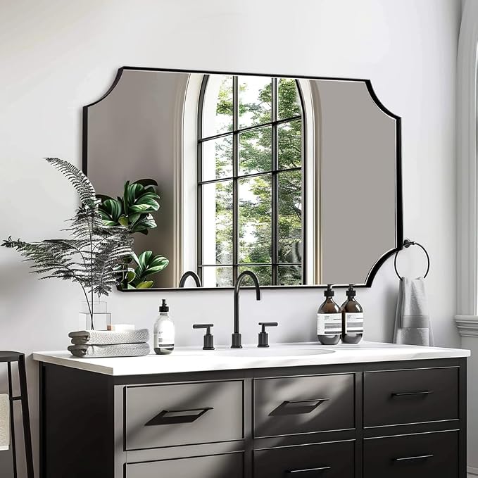 30x48 Inch Mirror, Matte Black Bathroom Vanity Mirror, Scalloped Rectangle Mirror in Premium Stainless Steel Metal Thin Frame Deep 1", Large Wall-Mounted Mirror (Horizontal/Vertical)