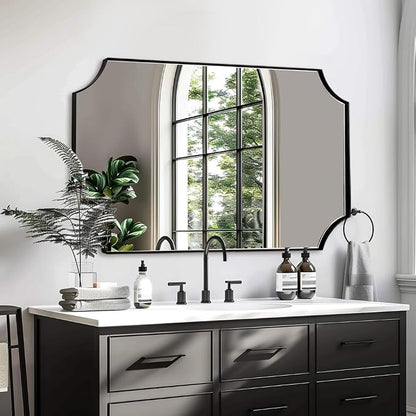 30x48 Inch Mirror, Matte Black Bathroom Vanity Mirror, Scalloped Rectangle Mirror in Premium Stainless Steel Metal Thin Frame Deep 1", Large Wall-Mounted Mirror (Horizontal/Vertical)