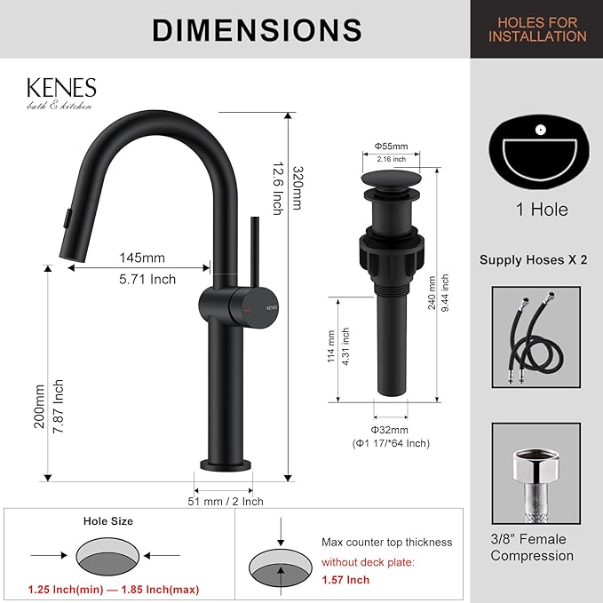 KENES Matte Black Tall Bathroom Faucet with Pull Out Sprayer, Pull Down Vessel Sink Faucet 1 Hole, Single Handle High Vanity Faucet with Pop Up Drain & Supply Lines, LJ-9065A-2