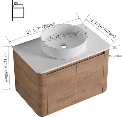 LKTART 30 Inch Floating Bathroom Vanity with Sink, Modern Wall Mounted Bathroom with Soft Close Door, White Round Ceramic Basin and Sintered Stone Top