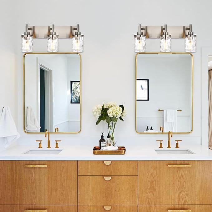 3 Light Bathroom Vanity Lighting Fixtures,Brushed Nickel VanityLighting with Clear Hammered Shade Wall Sconce Lighting Modern Farmhouse Bath Lighting