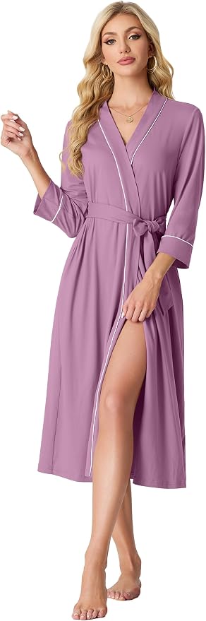 PrinStory Robes for Women 3/4 Sleeve Long Bath Robe XS-4XL | V-Neck Knit Bathrobe with Pockets, Lightweight, Soft, Breathable Robes for Shower, Spa, Travel, Home, Party, Nursing
