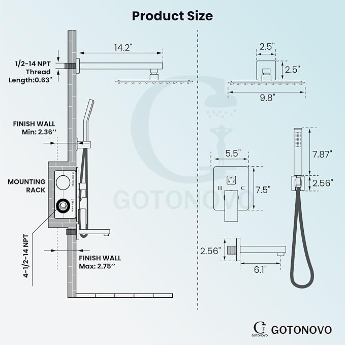 gotonovo Bathtub Shower Faucet Set, 10 Inch Shower Head, Brushed Nickel | Wall Mounted Shower System with Tub Spout for Bathroom, Square High Pressure Rain Shower head with Handheld Spray, All Metal