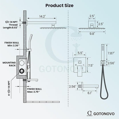 gotonovo Bathtub Shower Faucet Set, 10 Inch Shower Head, Polish Chrome | Wall Mounted Shower System with Tub Spout for Bathroom, Square High Pressure Rain Shower head with Handheld Spray, All Metal