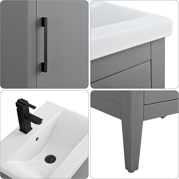 HomeBeyond 20 Inch Bathroom Vanity with Sink & Ceramic Top, Single Vanity Cabinet with Basin, Soft-Closing Doors & Matte Black Hardware, Grey