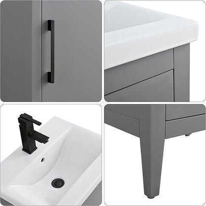 HomeBeyond 20 Inch Bathroom Vanity with Sink & Ceramic Top, Single Vanity Cabinet with Basin, Soft-Closing Doors & Matte Black Hardware, Grey