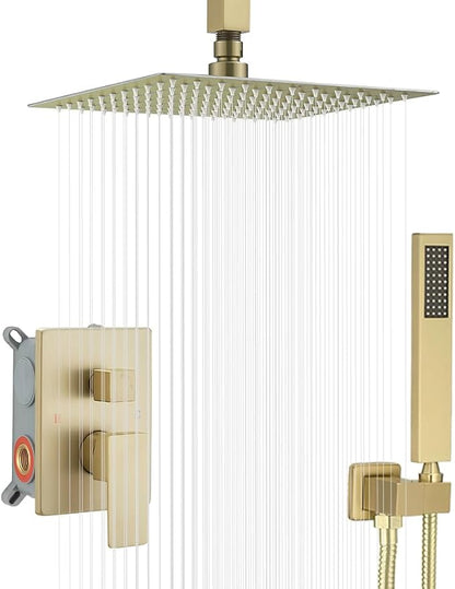 10 Inch Ceiling Mounted Shower System Rain Mixer Shower Combo Set Rainfall Shower Head System ‎Brushed Gold Shower Faucet Rough-in Valve Body and Trim Kit Included
