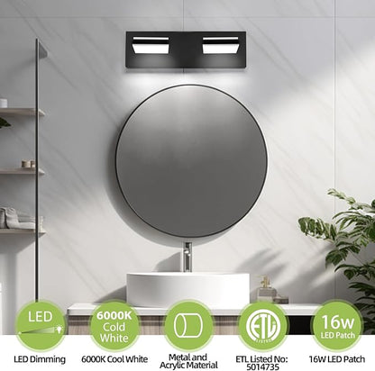 OKELI 2 Light Black Bathroom Vanity Light Over Mirror Modern LED Dimmable Bathroom Light Fixture Black 350° Rotatable Lamp Head 16W 6000K Cold White ETL Listed