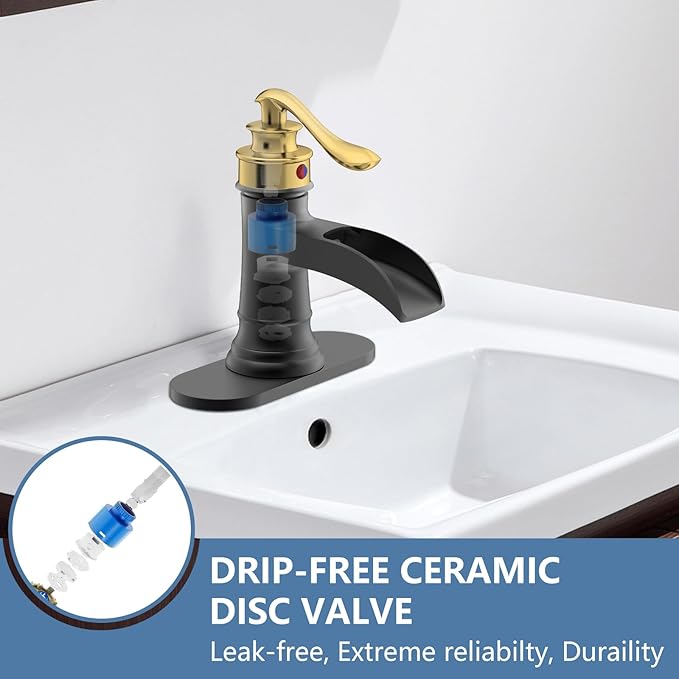 Homevacious Bathroom Faucet Black and Gold Waterfall Bathroom Sink Faucets with Single Handle Rustic Vanity Farmhouse RV Faucet Suitable for 1 or 3 Holes with Pop-up Drain Deck Plate Hose
