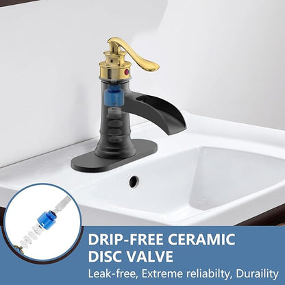 Homevacious Bathroom Faucet Black and Gold Waterfall Bathroom Sink Faucets with Single Handle Rustic Vanity Farmhouse RV Faucet Suitable for 1 or 3 Holes with Pop-up Drain Deck Plate Hose