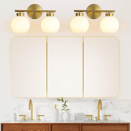 2 Light Bathroom Vanity Light, Gold Bathroom Light Fixtures Over Mirror, Mid Century Modern Wall Sconce with Frosted Globe Glass Shades, Brass Vanity Light, E26 Socket