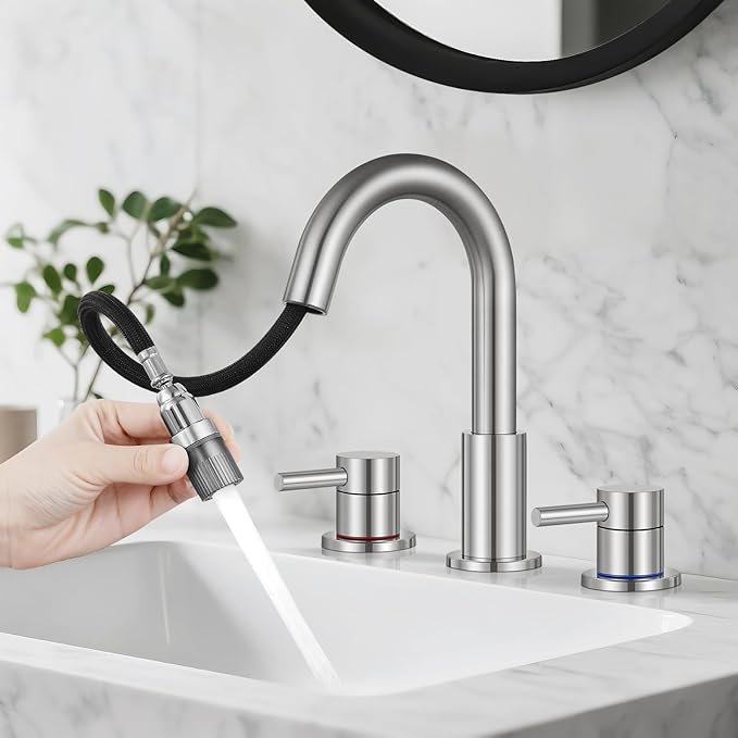 Bathroom Faucet 3 Hole, 8 Inch Widespread 2 Handle Pull Down Bathroom Sink Faucets with Pop Up Drain and 360° Swivel Spout, Brushed Nickel