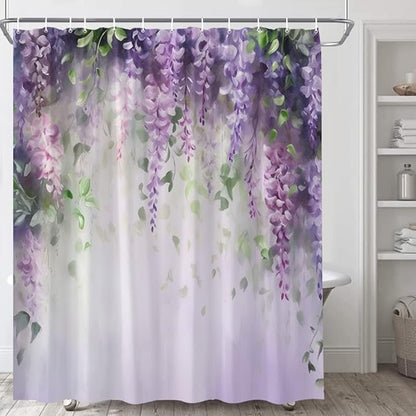 Purple Floral Lavender Flower Shower Curtain Spring Watercolor Weeping Wisteria Blossom Vine Leaves on Blurred Background with Dreamy Colors Girl Woman Bathroom Decor Set Polyester Curtains with Hooks