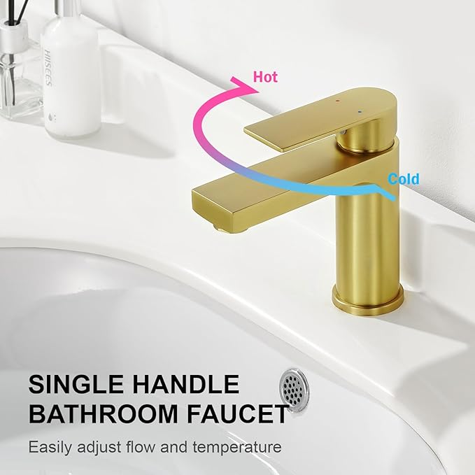Light Gold Bathroom Faucet, Single Hole Vanity Sink Faucet with Metal Pop-Up Drain, Supply Lines & Deck Plate Fits 1 or 3 Hole, Brushed Finish