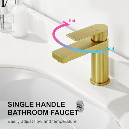 Light Gold Bathroom Faucet, Single Hole Vanity Sink Faucet with Metal Pop-Up Drain, Supply Lines & Deck Plate Fits 1 or 3 Hole, Brushed Finish