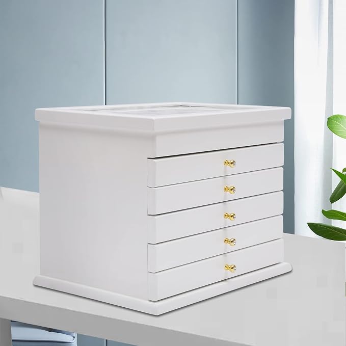 Extra Large Four-Leaf Carved 6 Layers Wooden Jewelry Box Jewelry Case Cabinet Armoire Ring Necklacel Gift Storage Box Organizer (White)
