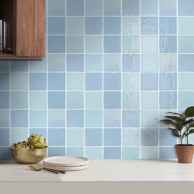 Thicker 3D Peel and Stick Backsplash Tiles, 10 Pcs 12" x 12" | Vintage Blue, Glossy Self Adhesive Backsplash Wall Sticker for Renter Friendly Bathroom DIY Wall Makeover, Cover 10 sq ft