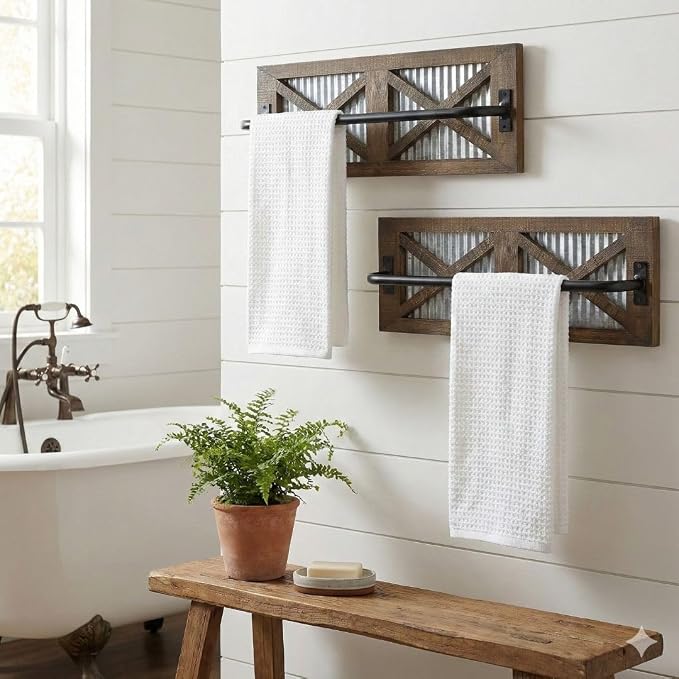 Autumn Alley Farmhouse Rustic Towel Rack Holder - Wood Towel Rack - Farmhouse Towel Holder for Rustic Bathroom and Farmhouse Kitchen Style Décor - 18" Wall Mounted, Set of 2, Rustic Brown