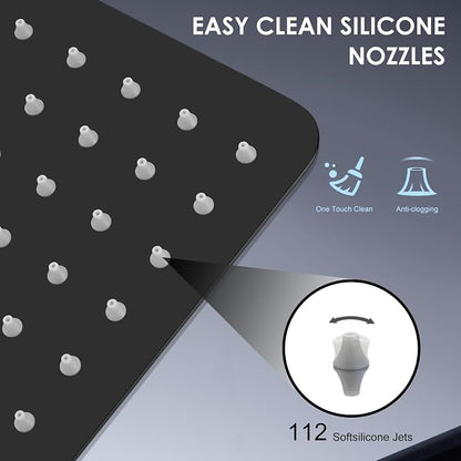 12x8 Inch Rectangle Rain Shower Head Black, All Metal Stainless Steel 304, Full Body Rainfall Shower with 112 Silicone Nozzles, Ceiling Rain Showerheads