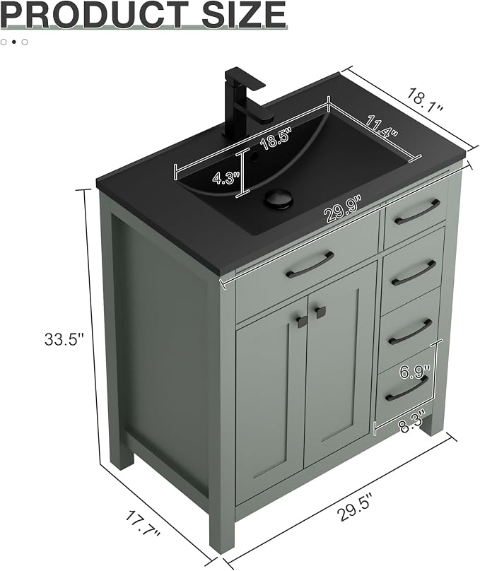 LUCKWIND 30" Modern Bathroom Vanity with Sink Combo, Contemporary Painted Storage Cabinet and Single Black Sink, Include Soft-Closing Doors & Matte Black Faucet, Black