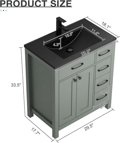 LUCKWIND 30" Modern Bathroom Vanity with Sink Combo, Contemporary Painted Storage Cabinet and Single Black Sink, Include Soft-Closing Doors & Matte Black Faucet, Black